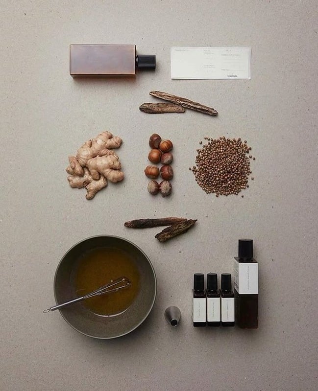 Styled flat lay of botanical product ingredients